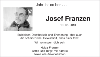 Traueranzeige von Josef Franzen von TRIERISCHER VOLKSFREUND