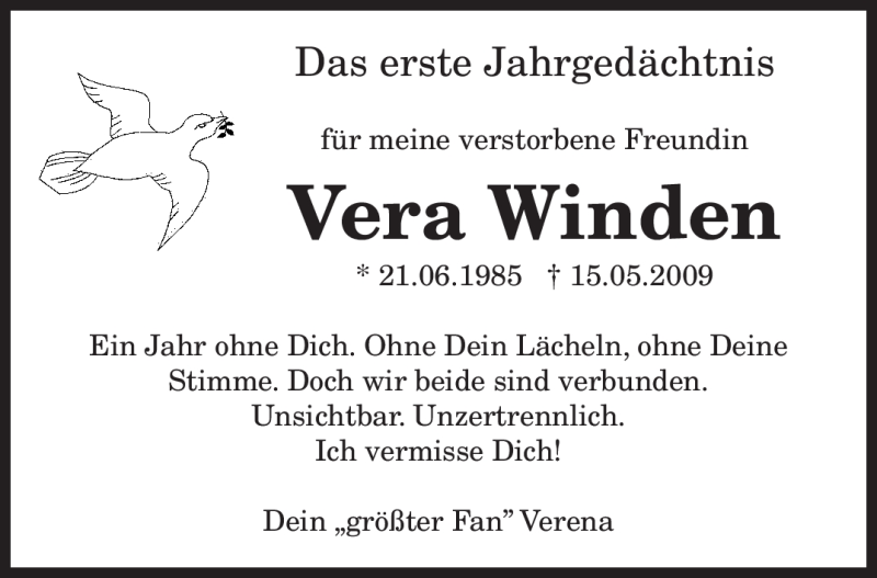  Traueranzeige für Vera Winden vom 15.05.2010 aus TRIERISCHER VOLKSFREUND