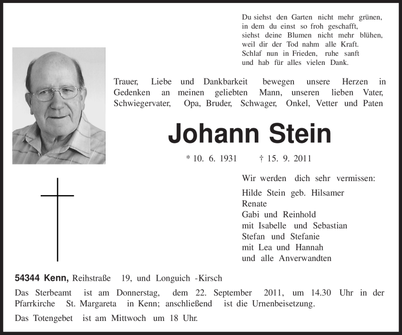  Traueranzeige für Johann Stein vom 19.09.2011 aus TRIERISCHER VOLKSFREUND