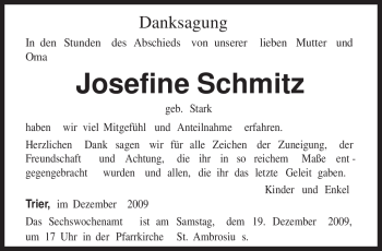 Traueranzeige von Josefine Schmitz von TRIERISCHER VOLKSFREUND