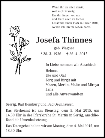 Traueranzeige von Josefa Thinnes von trierischer_volksfreund