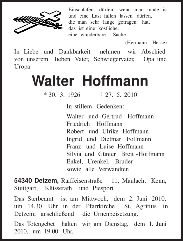  Traueranzeige für Walter Hoffmann vom 29.05.2010 aus TRIERISCHER VOLKSFREUND