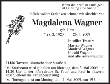 Traueranzeige von Magdalena Wagner von TRIERISCHER VOLKSFREUND