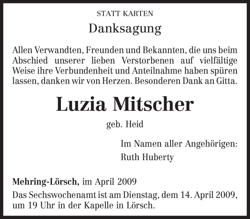  Traueranzeige für Luzia Mitscher vom 11.04.2009 aus TRIERISCHER VOLKSFREUND