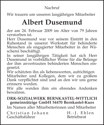 Traueranzeige von Albert Dusemund von TRIERISCHER VOLKSFREUND