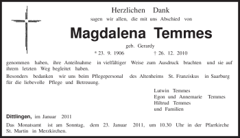 Traueranzeige von Magdalena Temmes von TRIERISCHER VOLKSFREUND