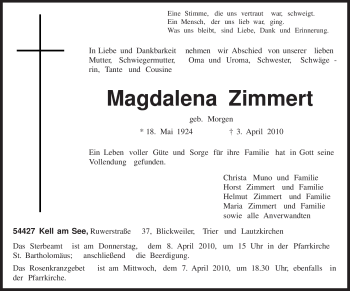 Traueranzeige von Magdalena Zimmert von TRIERISCHER VOLKSFREUND