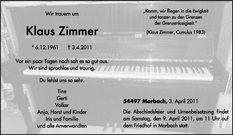  Traueranzeige für Klaus Zimmer vom 07.04.2011 aus TRIERISCHER VOLKSFREUND
