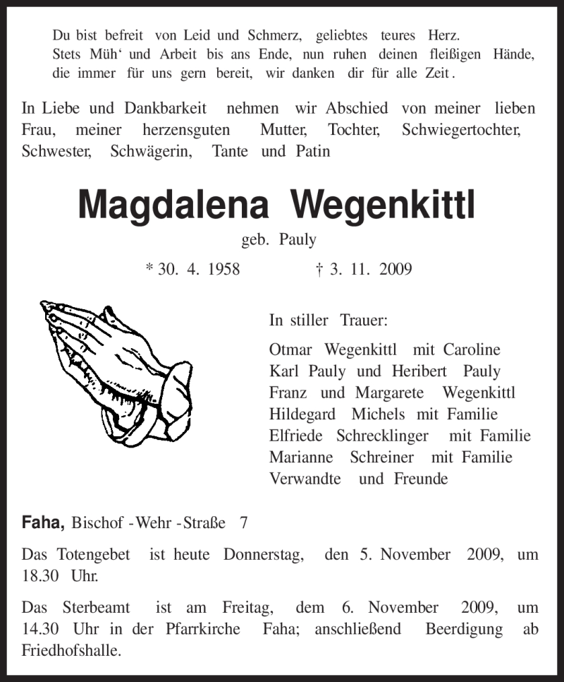  Traueranzeige für Magdalena Wegenkittl vom 05.11.2009 aus TRIERISCHER VOLKSFREUND