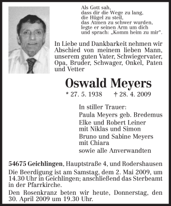 Traueranzeige von Oswald Meyers von TRIERISCHER VOLKSFREUND