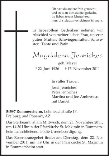 Traueranzeige von Magdalena Jenniches von TRIERISCHER VOLKSFREUND