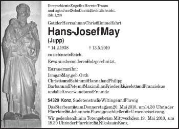 Traueranzeige von Hans-Josef May von TRIERISCHER VOLKSFREUND