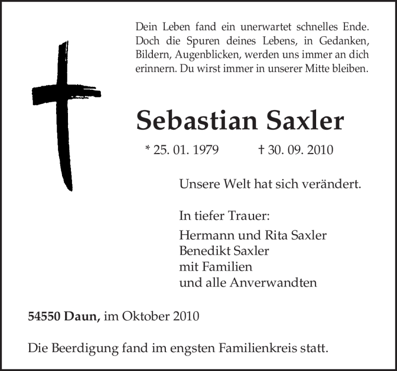  Traueranzeige für Sebastian Saxler vom 14.10.2010 aus TRIERISCHER VOLKSFREUND