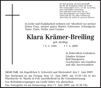 Traueranzeige von Klara Krämer-Breiling von TRIERISCHER VOLKSFREUND