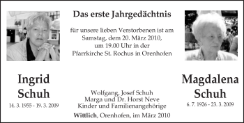 Traueranzeige von Magdalena Schuh von TRIERISCHER VOLKSFREUND