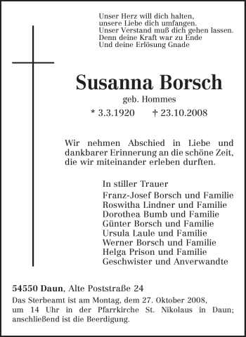 Traueranzeige von Susanna Borsch von TRIERISCHER VOLKSFREUND
