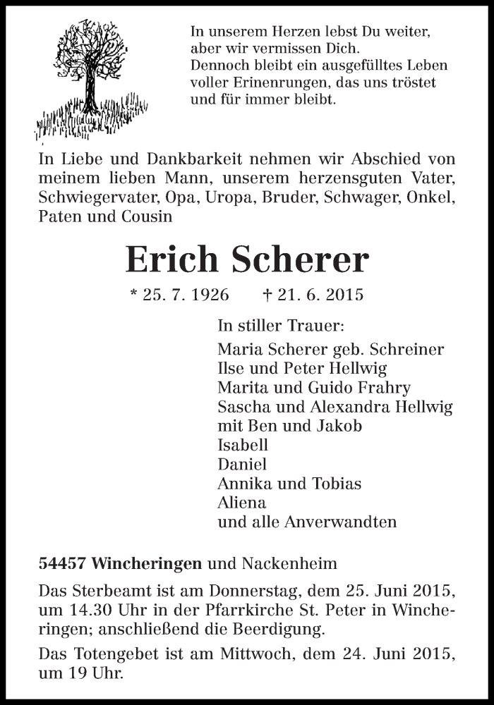  Traueranzeige für Erich Scherer vom 23.06.2015 aus trierischer_volksfreund