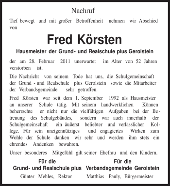 Traueranzeige von Fred Körsten von TRIERISCHER VOLKSFREUND