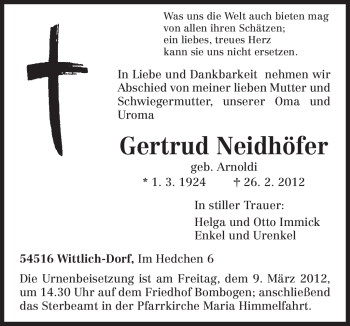 Traueranzeige von Gertrud Neidhöfer von TRIERISCHER VOLKSFREUND