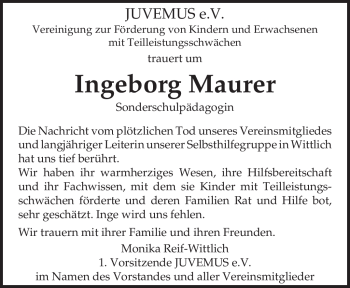 Traueranzeige von Ingeborg Maurer von TRIERISCHER VOLKSFREUND
