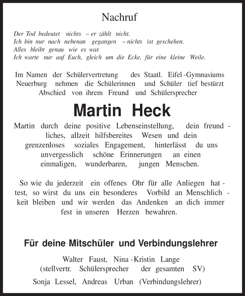  Traueranzeige für Martin Heck vom 16.12.2009 aus TRIERISCHER VOLKSFREUND