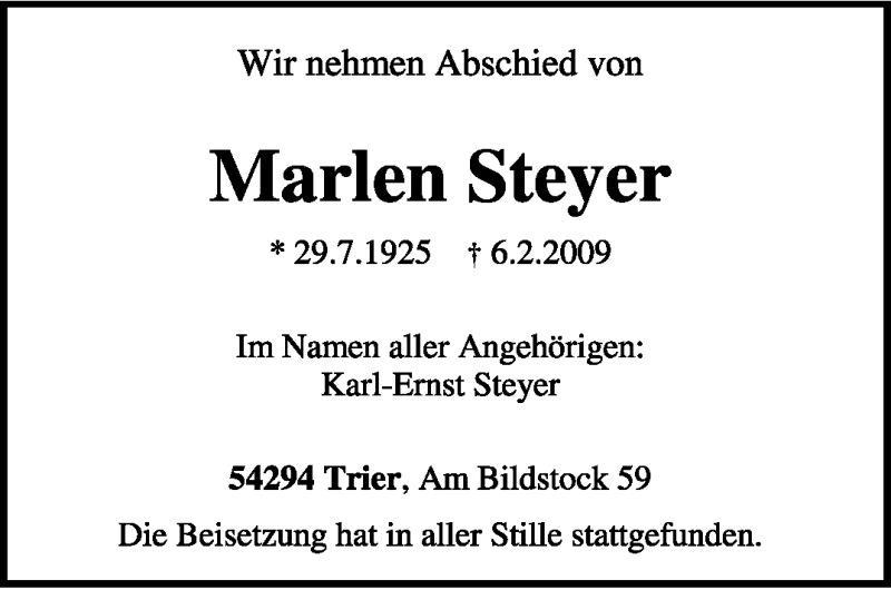  Traueranzeige für Marlen Steyer vom 14.02.2009 aus TRIERISCHER VOLKSFREUND