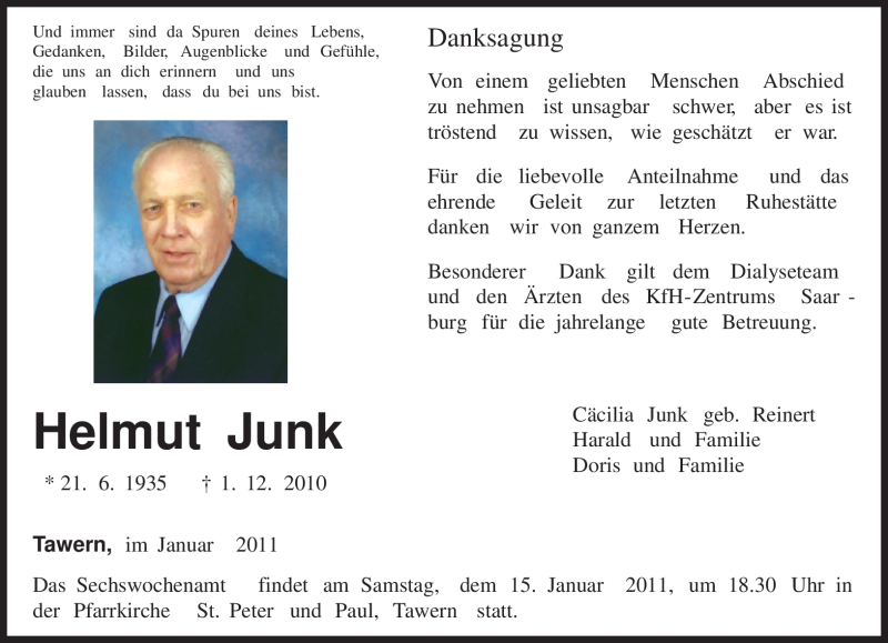  Traueranzeige für Helmut Junk vom 08.01.2011 aus TRIERISCHER VOLKSFREUND