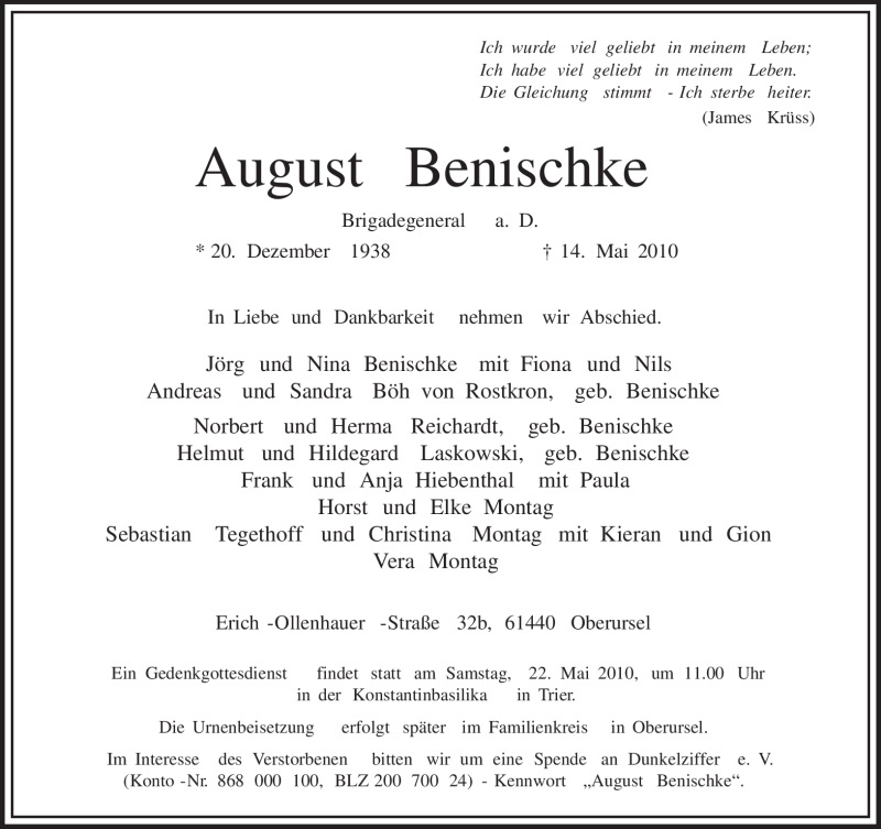  Traueranzeige für August Benischke vom 19.05.2010 aus TRIERISCHER VOLKSFREUND