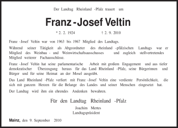 Traueranzeige von Franz - Josef Veltin von TRIERISCHER VOLKSFREUND