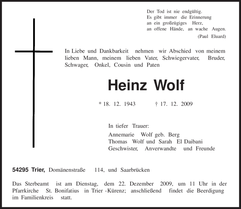  Traueranzeige für Heinz Wolf vom 21.12.2009 aus TRIERISCHER VOLKSFREUND