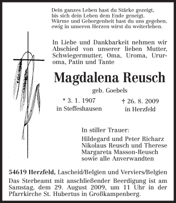 Traueranzeige von Magdalena Reusch von TRIERISCHER VOLKSFREUND