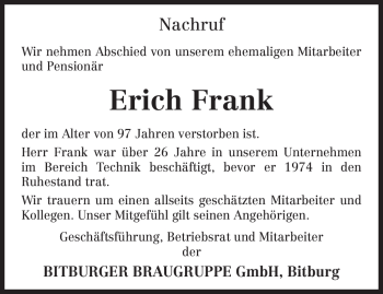 Traueranzeige von Erich Frank von TRIERISCHER VOLKSFREUND