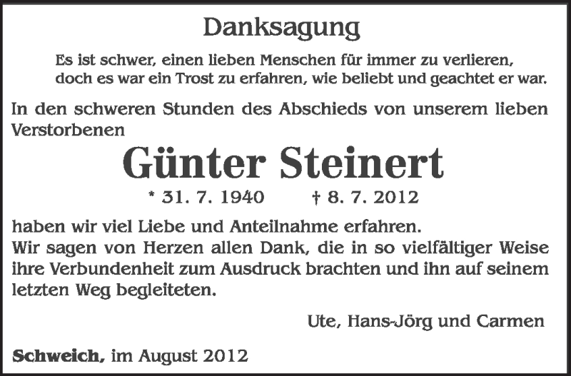  Traueranzeige für Günter Steinert vom 18.08.2012 aus TRIERISCHER VOLKSFREUND