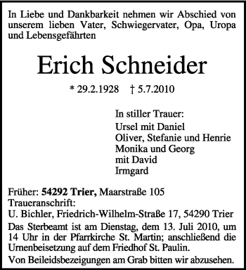 Traueranzeige von Erich Schneider von TRIERISCHER VOLKSFREUND