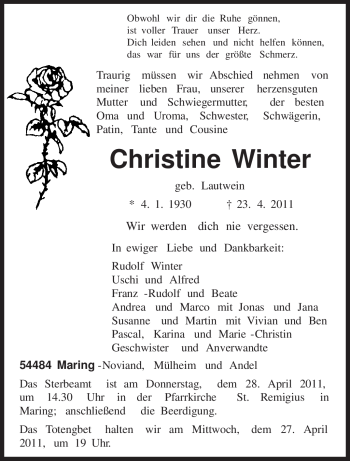 Traueranzeige von Christine Winter von TRIERISCHER VOLKSFREUND