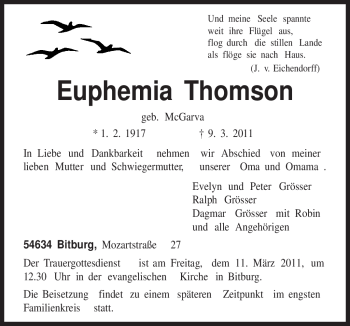 Traueranzeige von Euphemia Thomson von TRIERISCHER VOLKSFREUND