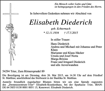 Traueranzeige von Elisabeth Diederich von trierischer_volksfreund