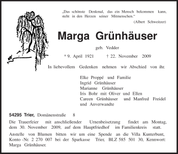 Traueranzeige von Marga Grünhäuser von TRIERISCHER VOLKSFREUND