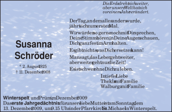 Traueranzeige von Susanna Schröder von TRIERISCHER VOLKSFREUND