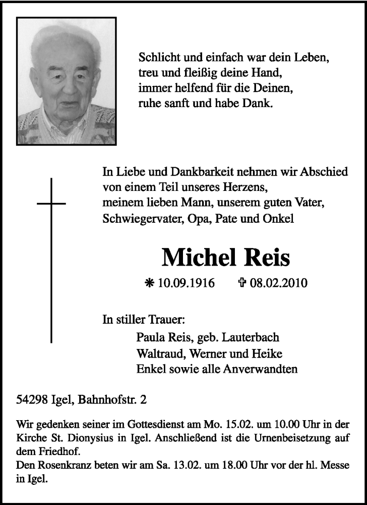  Traueranzeige für Michel Reis vom 12.02.2010 aus TRIERISCHER VOLKSFREUND