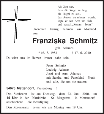 Traueranzeige von Franziska Schmitz von TRIERISCHER VOLKSFREUND