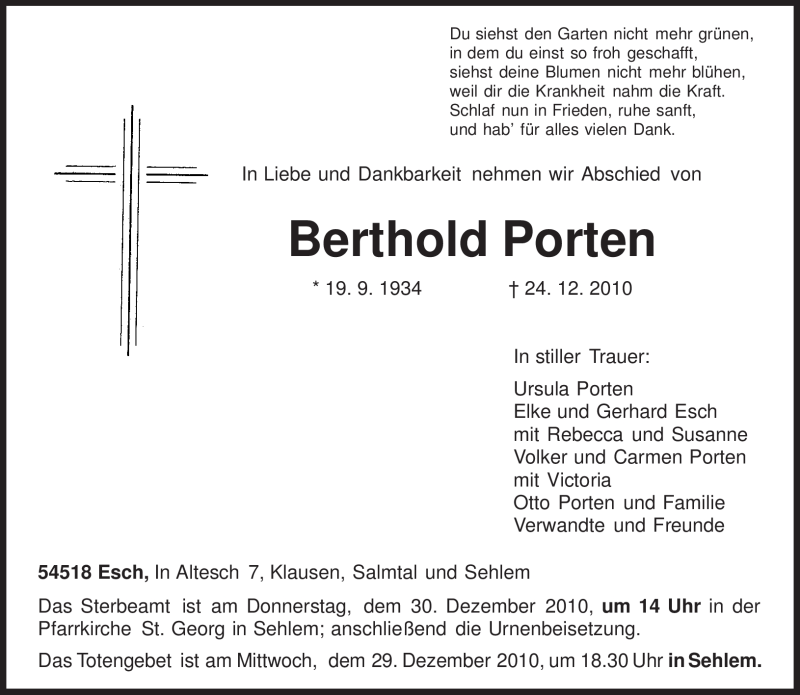  Traueranzeige für Berthold Porten vom 27.12.2010 aus TRIERISCHER VOLKSFREUND
