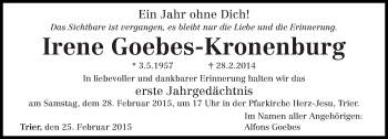 Traueranzeige von Irene Goebes-Kronenburg von trierischer_volksfreund