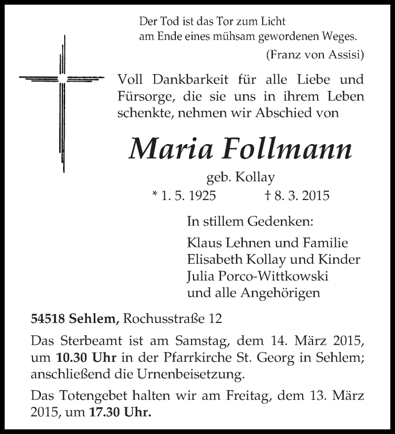  Traueranzeige für Maria Follmann vom 11.03.2015 aus trierischer_volksfreund