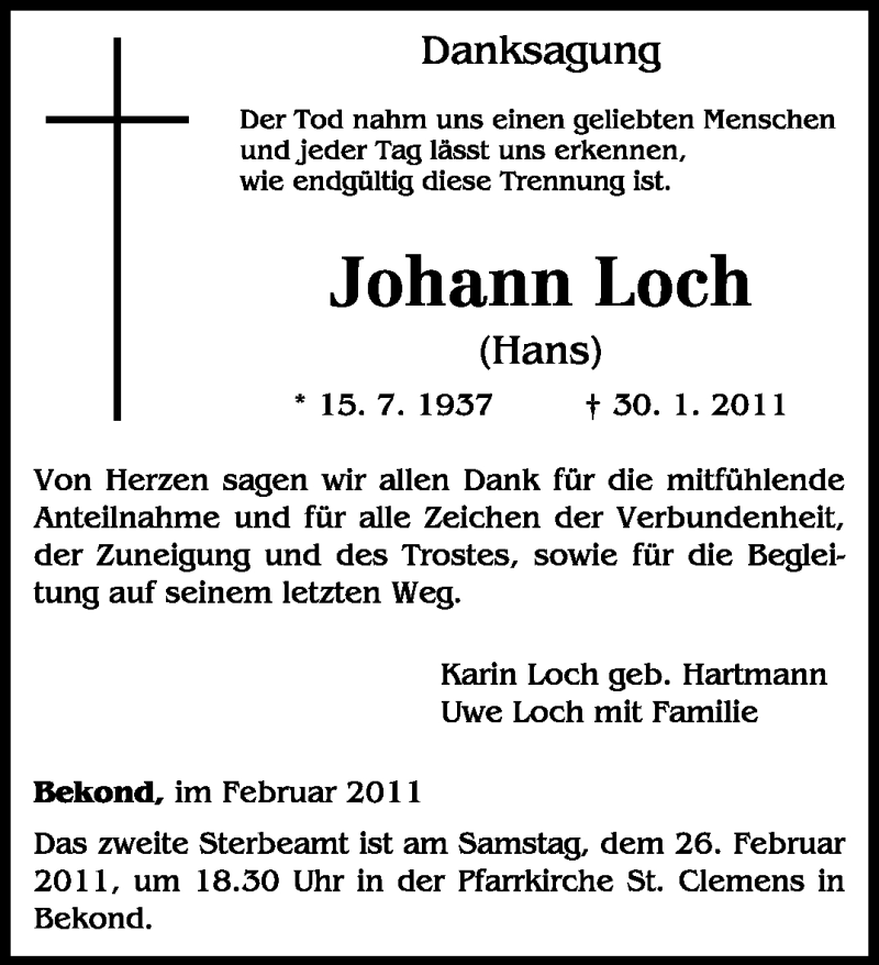  Traueranzeige für Johann Loch vom 23.02.2011 aus TRIERISCHER VOLKSFREUND