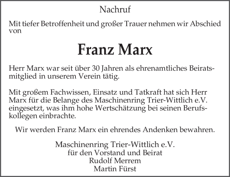  Traueranzeige für Franz Marx vom 05.08.2010 aus TRIERISCHER VOLKSFREUND