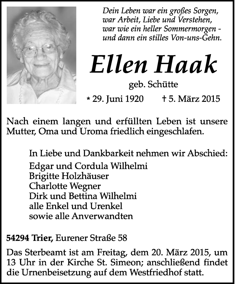  Traueranzeige für Ellen Haak vom 16.03.2015 aus trierischer_volksfreund