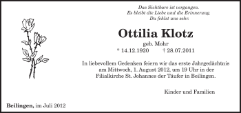 Traueranzeige von Ottilia Klotz von TRIERISCHER VOLKSFREUND