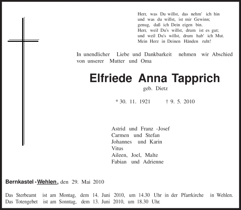  Traueranzeige für Elfriede Anna Tapprich vom 29.05.2010 aus TRIERISCHER VOLKSFREUND