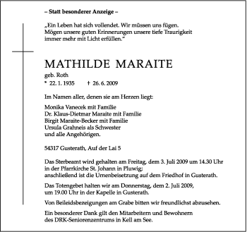 Traueranzeige von Mathilde Maraite von TRIERISCHER VOLKSFREUND